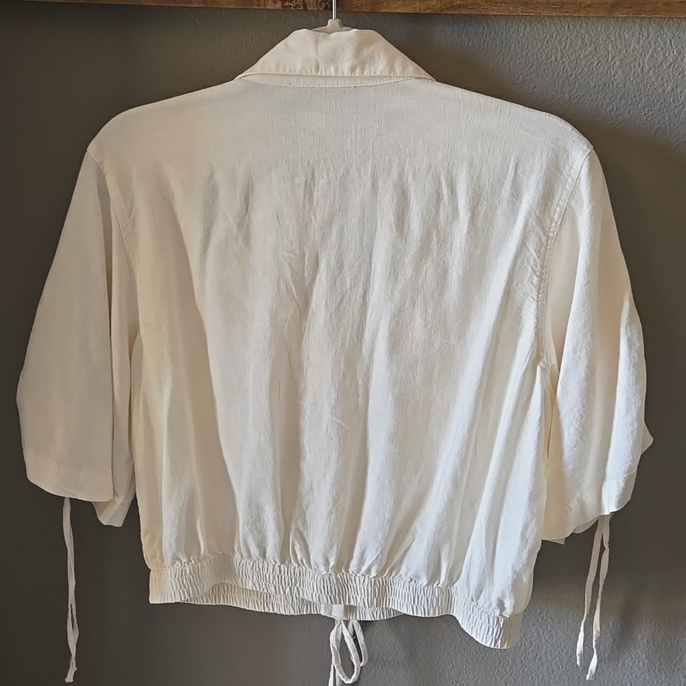 New Loft Utility Button Up Shirt Linen Blend Cinch Sleeve Ties S Layer Cropped - Picture 6 of 8